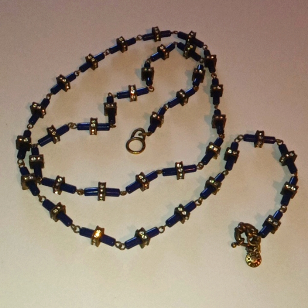 Fabulous J Crew Navy Blue Glass Bead Necklace Signed Rhinestone Beads Spacers